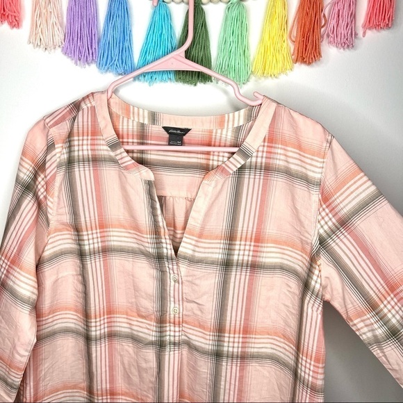 Eddie Bauer Pastel Pink Plaid V-Neck 3/4 Sleeve Blouse Top Shirt Size Medium - Picture 6 of 15